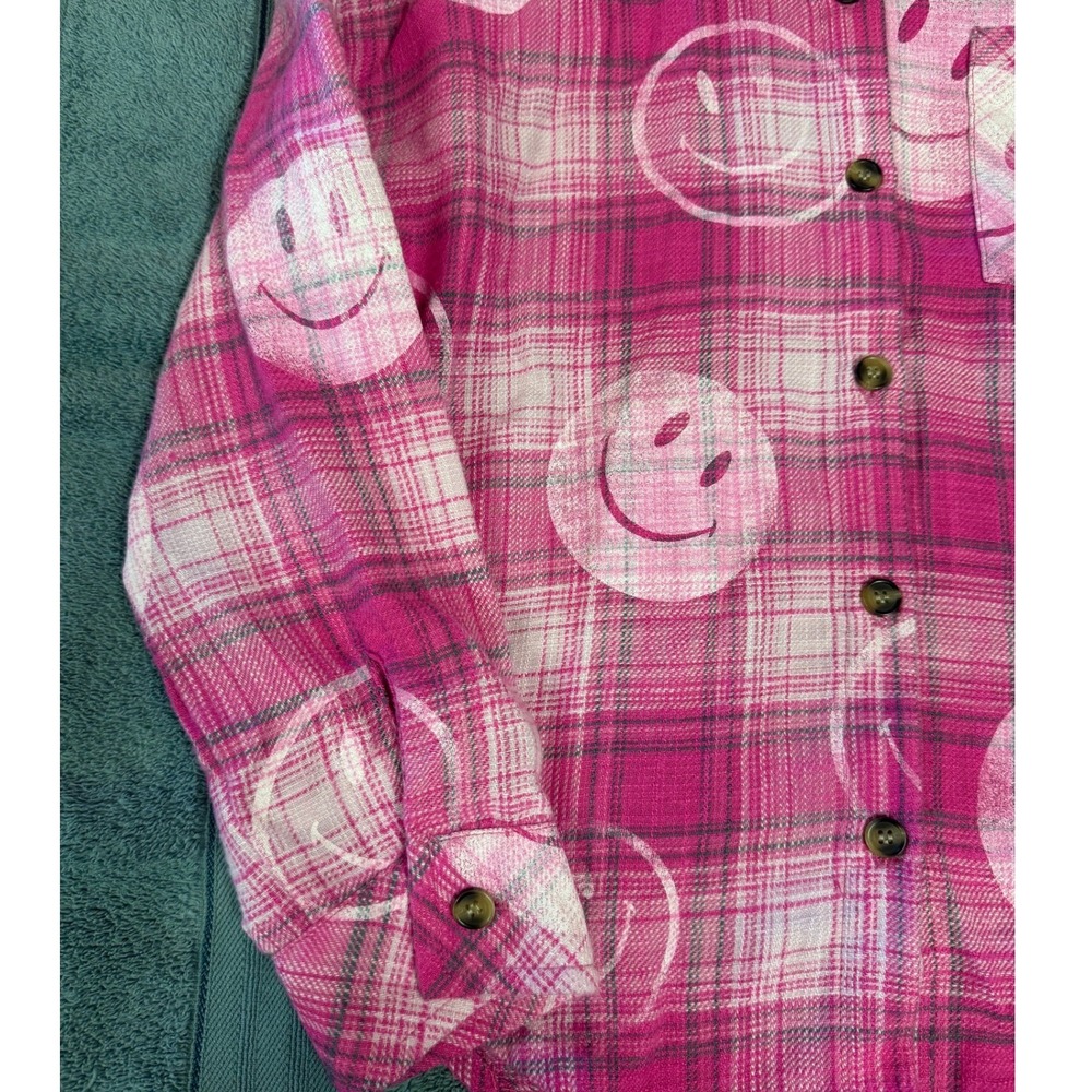 Justice Girls Pink Plaid Smiley Face Flannel Button Down Shirt Size S 7/8 - Picture 5 of 8